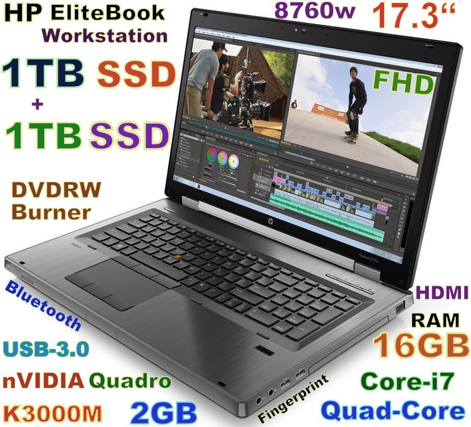 Workstation HP 8760w 17.3" FHD i7-Quad (2x 1TB) SSD 16GB DVDRW Quadro K3000M 2GB