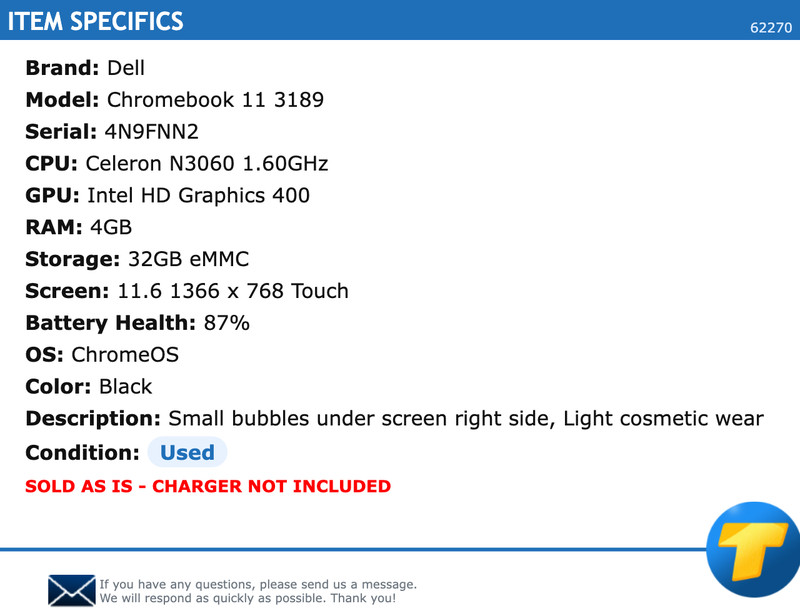 Dell Chromebook 11 3189 11.6" HD Touch 1.60GHz Celeron 4GB RAM 32GB eMMC gallery