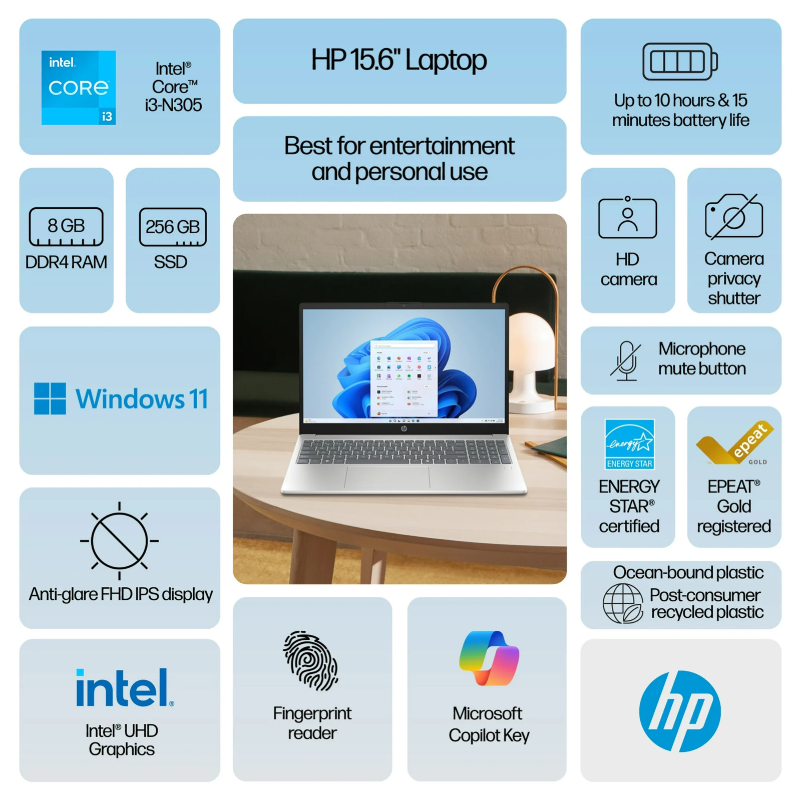 HP 15.6 inch FHD IPS Windows Laptop Intel Core i3-N305 8GB RAM 256GB Silver gallery