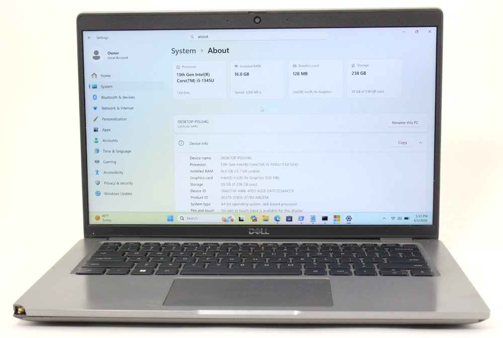 DELL LATITUDE 5440 14" 1.6GHz i5-1345U 256GB SSD 16GB RAM Win 11 Pro ; 6181976