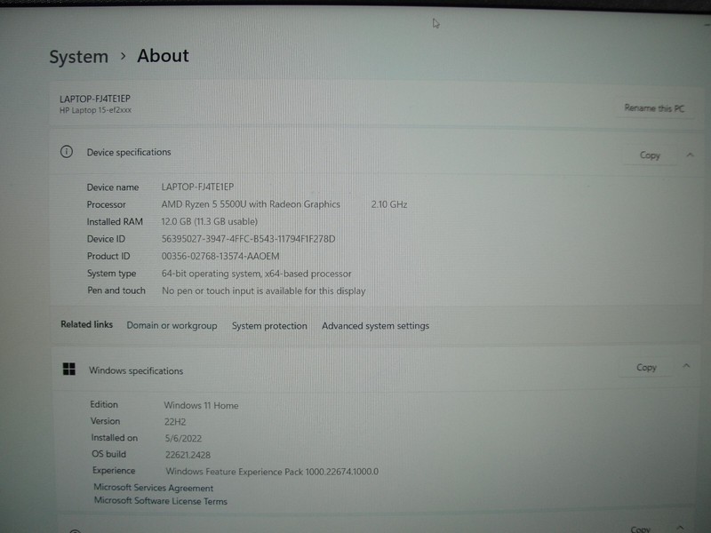 HP 15-EF2013dx 15.6"AMD Ryzen 5 5500U 2.1GHZ 12GB 256GB SSD Battery 100%+Charger gallery