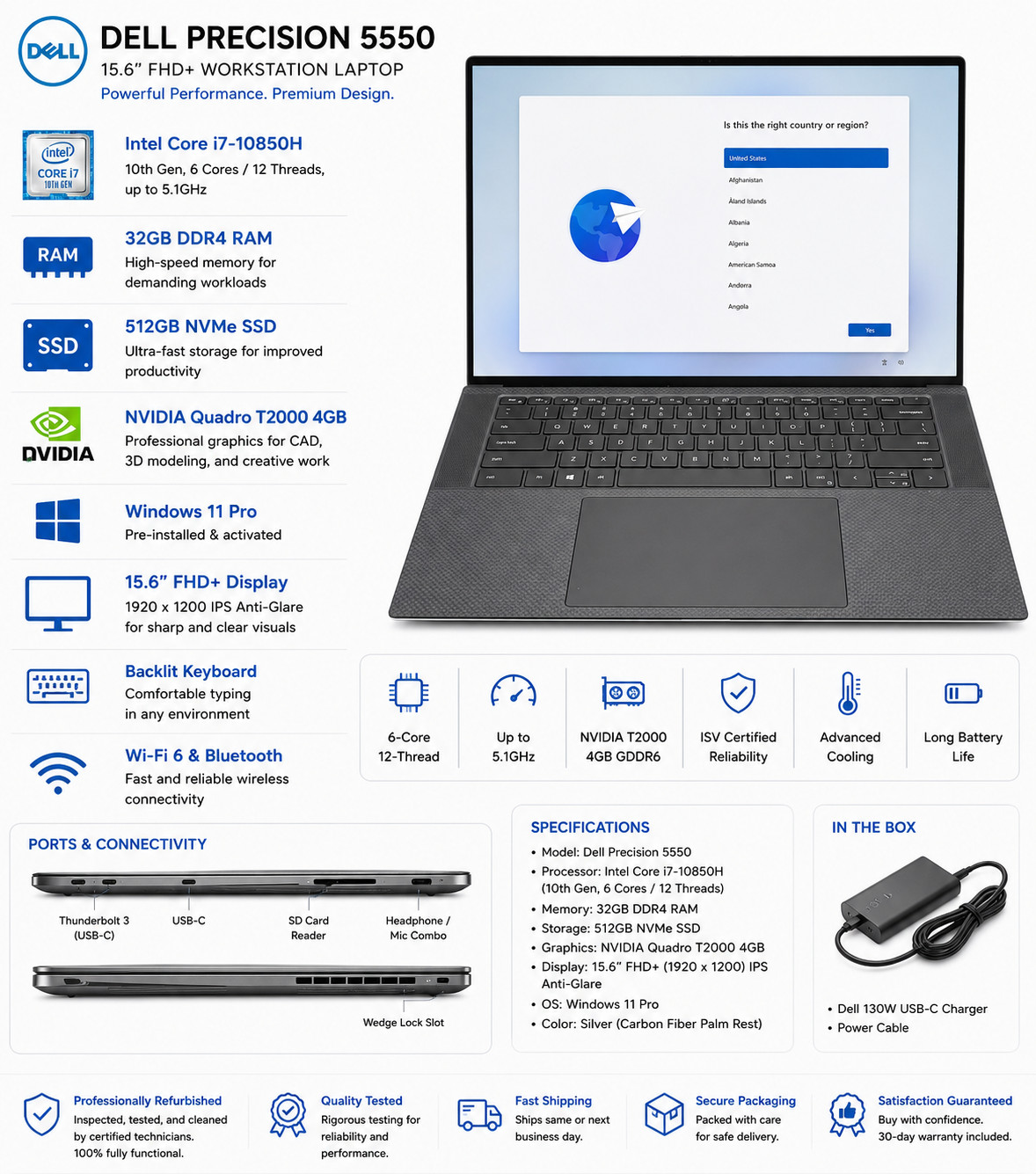 Dell Precision 5550 15.6” FHD+ Intel i7-10850H 32GB RAM 512GB SSD NVIDIA T2000 W gallery