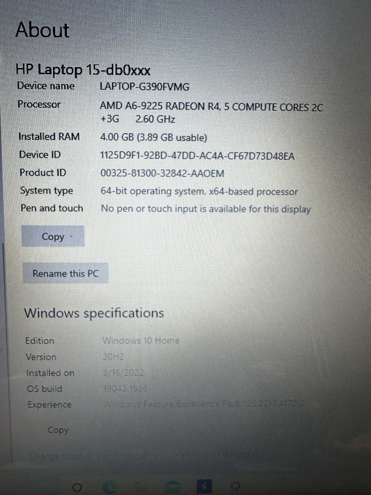HP 15-db0011dx 15.6" Laptop AMD A6-9225 R4 / 4GB RAM / 930GB HDD / Win 8 HOME