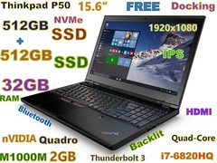 Workstation Lenovo P50 i7-Quad 1TB NVMe SSD+SSD 32GB 15.6″ FHD M1000M 4GB + Dock