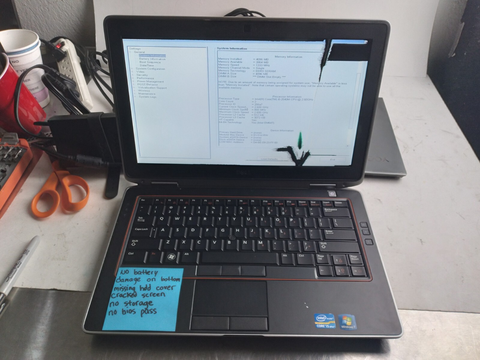 Dell Latitude E6320 w/i5-2540M 2.60, 4GB RAM 13.3" Laptop for Parts/Repair *READ gallery