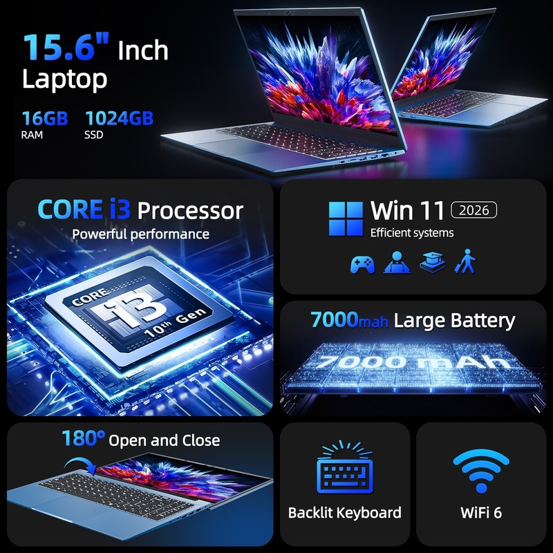 SGIN 15.6" FHD Laptop, Intel i3-10100Y, 16GB RAM, 1TB SSD, 3.90 Ghz，Win 11, WiFi gallery