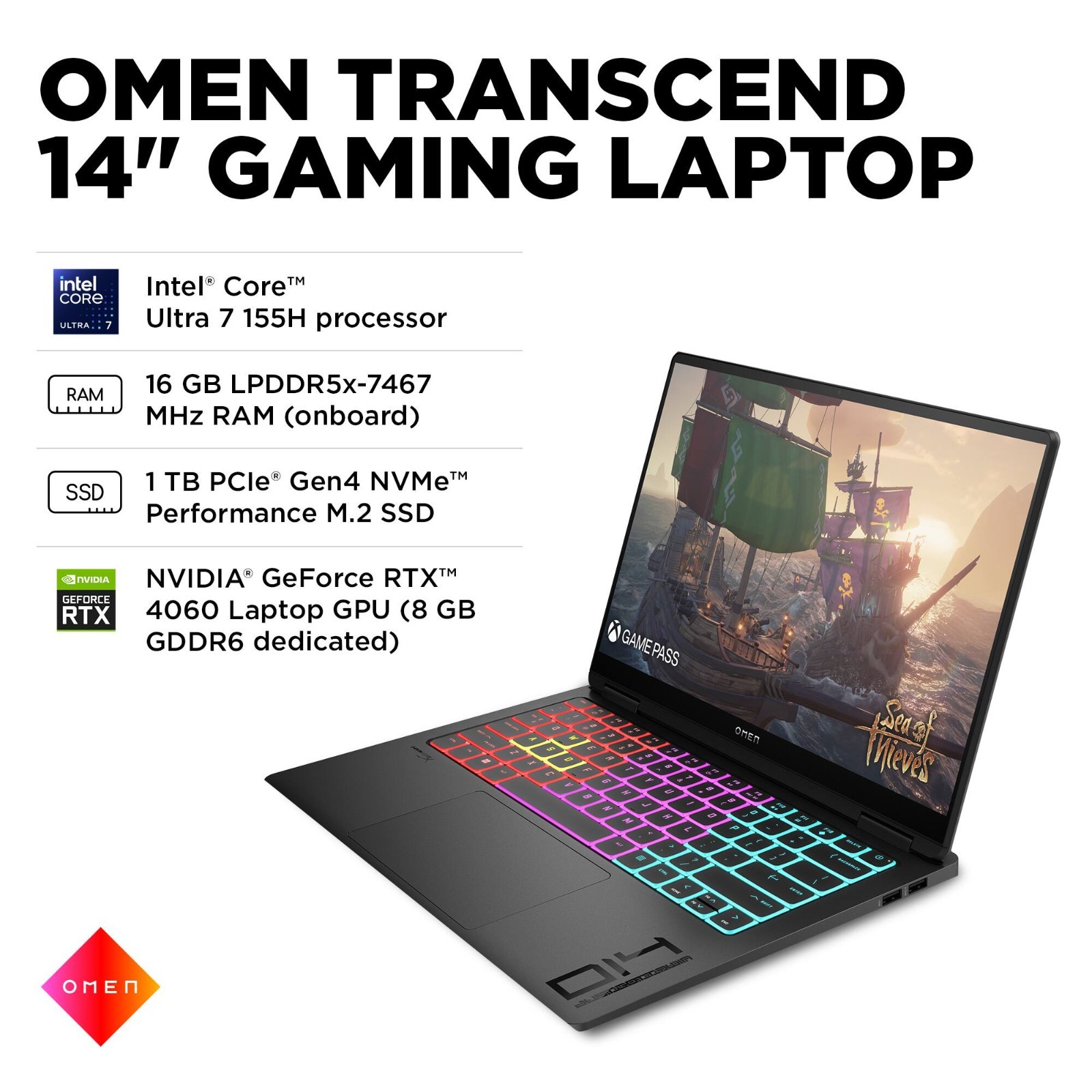 HP OMEN Transcend 14" 3K OLED Intel Ultra 7 NVIDIA RTX 4060 16GB RAM 1TB SSD W11 gallery