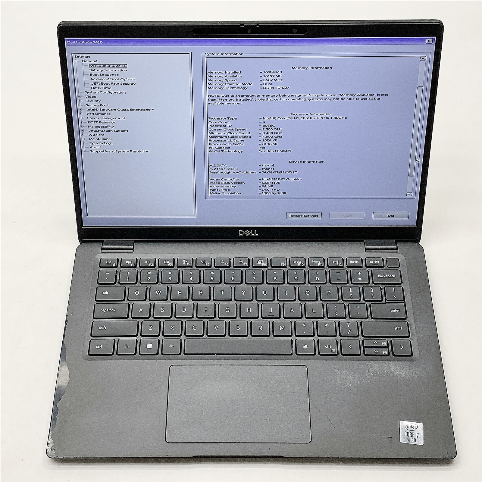 Dell Latitude 7410 Laptop Intel Core i7 10610U 1.80GHZ 14" FHD 16GB RAM NO HDD gallery