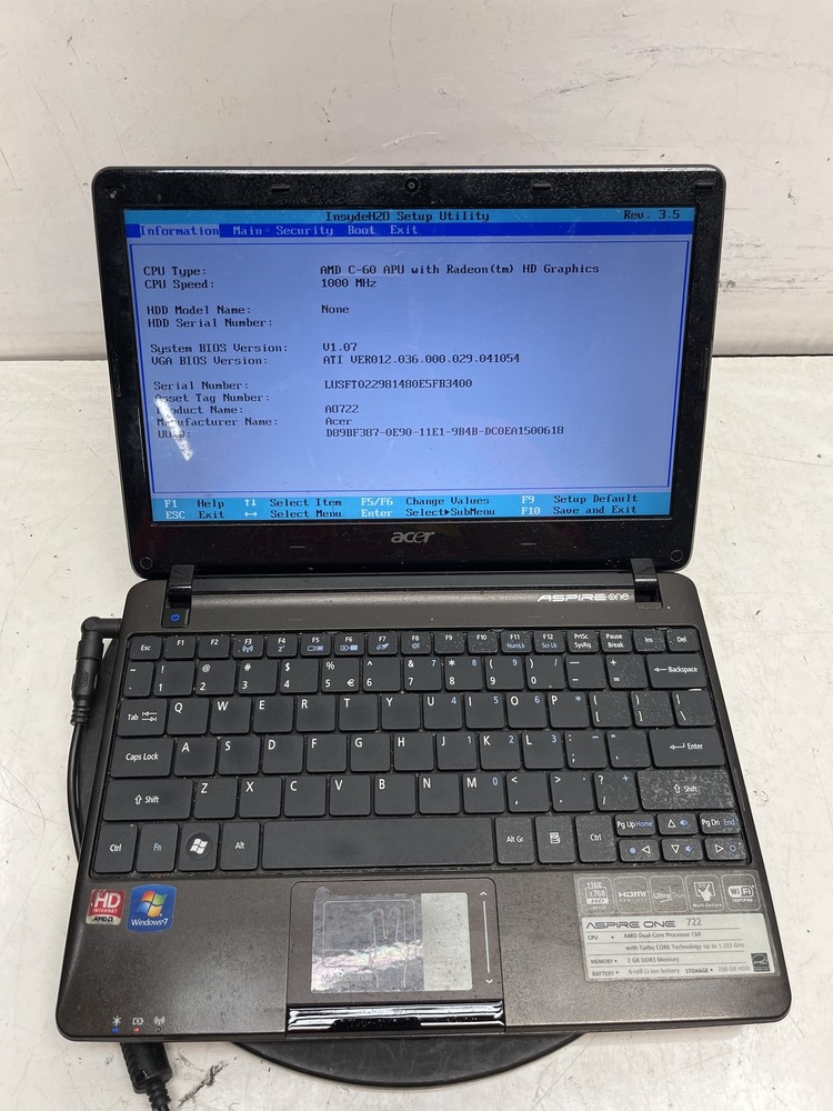 Acer Aspire One 722 AMD C-60 APU 1GHz 2GB NO HDD