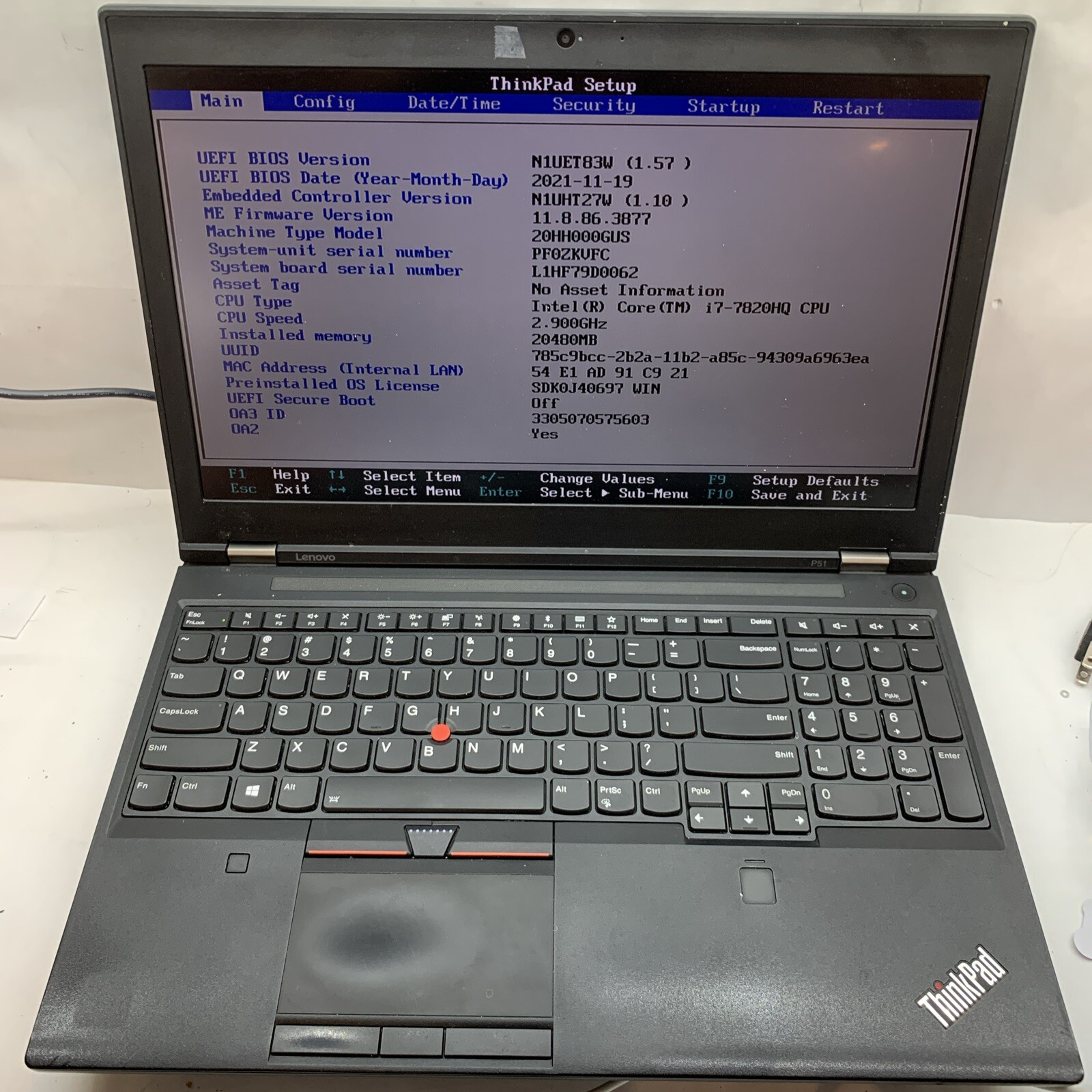 For parts or repair! Lenovo ThinkPad P51 i7-7820HQ 2.9GHz 20GB or 4GB RAM No HDD gallery