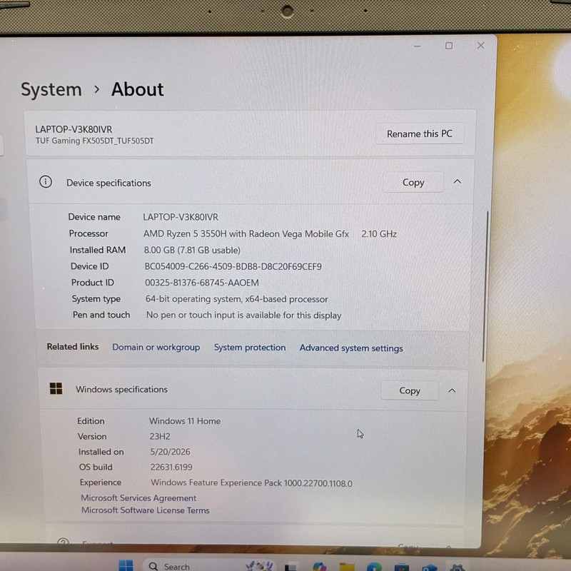 Asus TUF505D 15.6 inch Laptop AMD Ryzen 5 8GB 512GB gallery