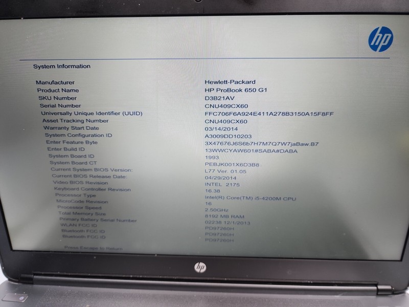 HP PROBOOK 650 G1 15.6'' ~ i5-4200M 2.5Ghz ~ 8GB ~ NO HDD READ #F3 gallery