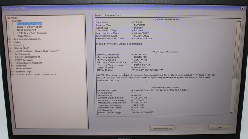 Dell PRECISION 3541 Laptop i5-9400H 2.50GHz 16GB RAM 256GB SSD Quad P620 11P *TL gallery