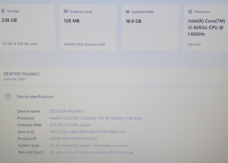 Dell Latitude 3500 15" i5 8265u 1.6GHz 256GB NVMe SSD 16GB Windows 11 Pro gallery