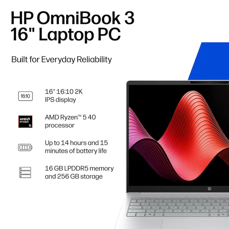 New HP OmniBook 3 16" 2K WUXGA Touch AMD Ryzen 5 40 16GB RAM 256GB SSD Cam W11H gallery