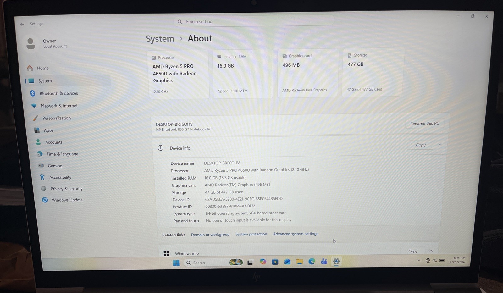 HP EliteBook 855 G7 15.6" AMD Ryzen 5 Pro 4650U@2.1GHz, 16GB RAM, 512GB M2, W11P gallery