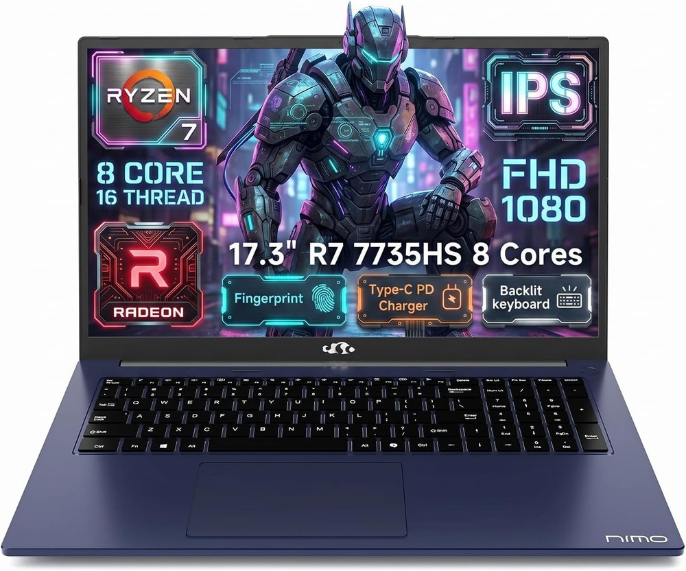 NIMO 17.3" Gaming Laptop, AMD Ryzen 7 7735HS 8 Cores, 32GB DDR5 1TB SSD