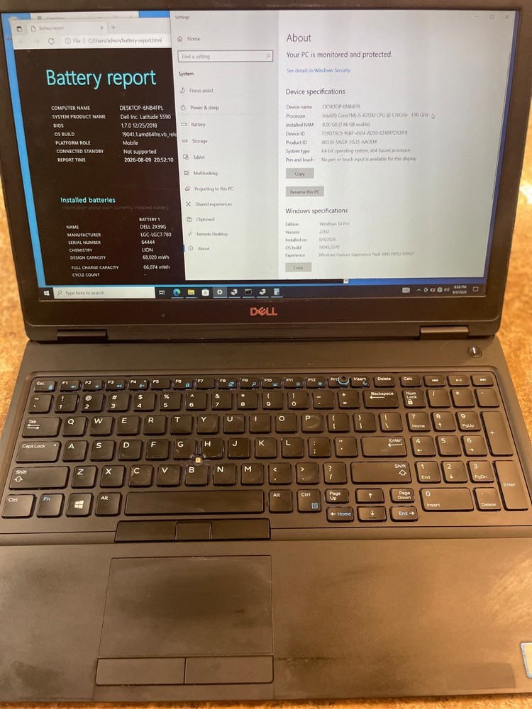 Dell Laptop Latitude 5590 i5-8350U 8gb RAM 250 gb SSD 97% battery capacity