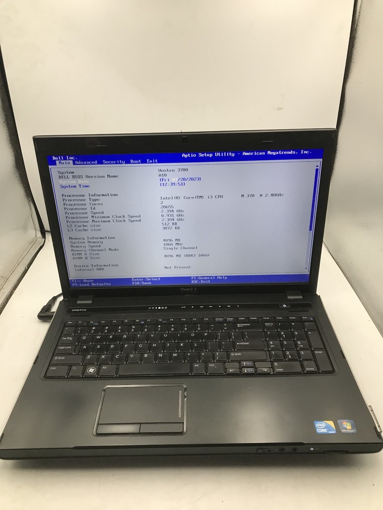 DELL VOSTRO 3700 - BOOTS TO BIOS - INTEL I3 M370 - NO RAM - READ DESCRIPTION -BB