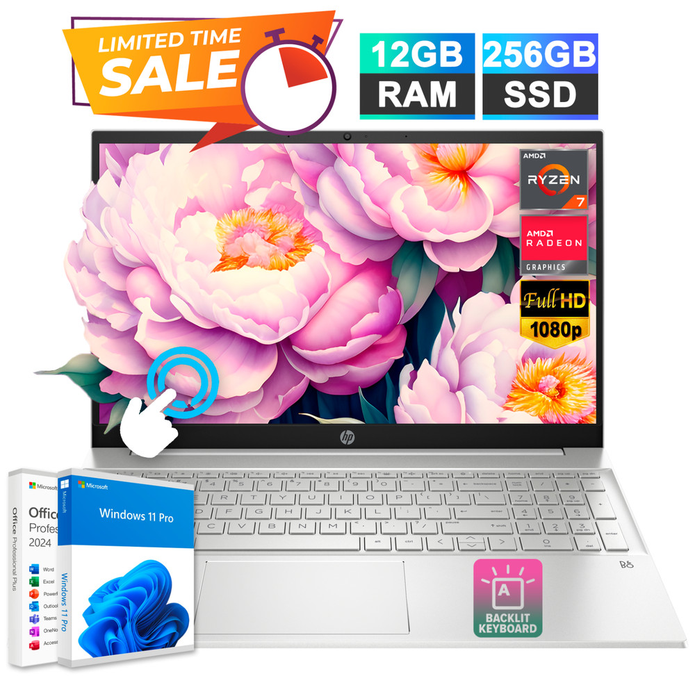 HP Pavilion Laptop 15.6" Ryzen 7 12GB RAM & 256GB SSD Touch Backlit Office 2024