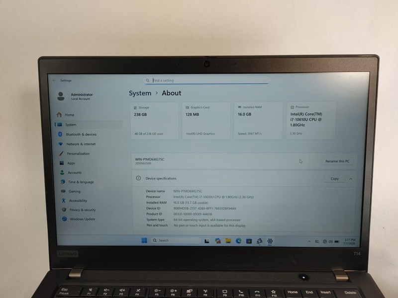Lenovo ThinkPad T14 Gen 1 Core i7-10610U 1.80 GHz 16 GB DDR4 256 GB NVMe Windows gallery