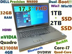 Dual-Boot 17.3″ Workstation DELL M6800 i7-QUAD (1TB + 2TB) SSD 32GB K3100M 4GB