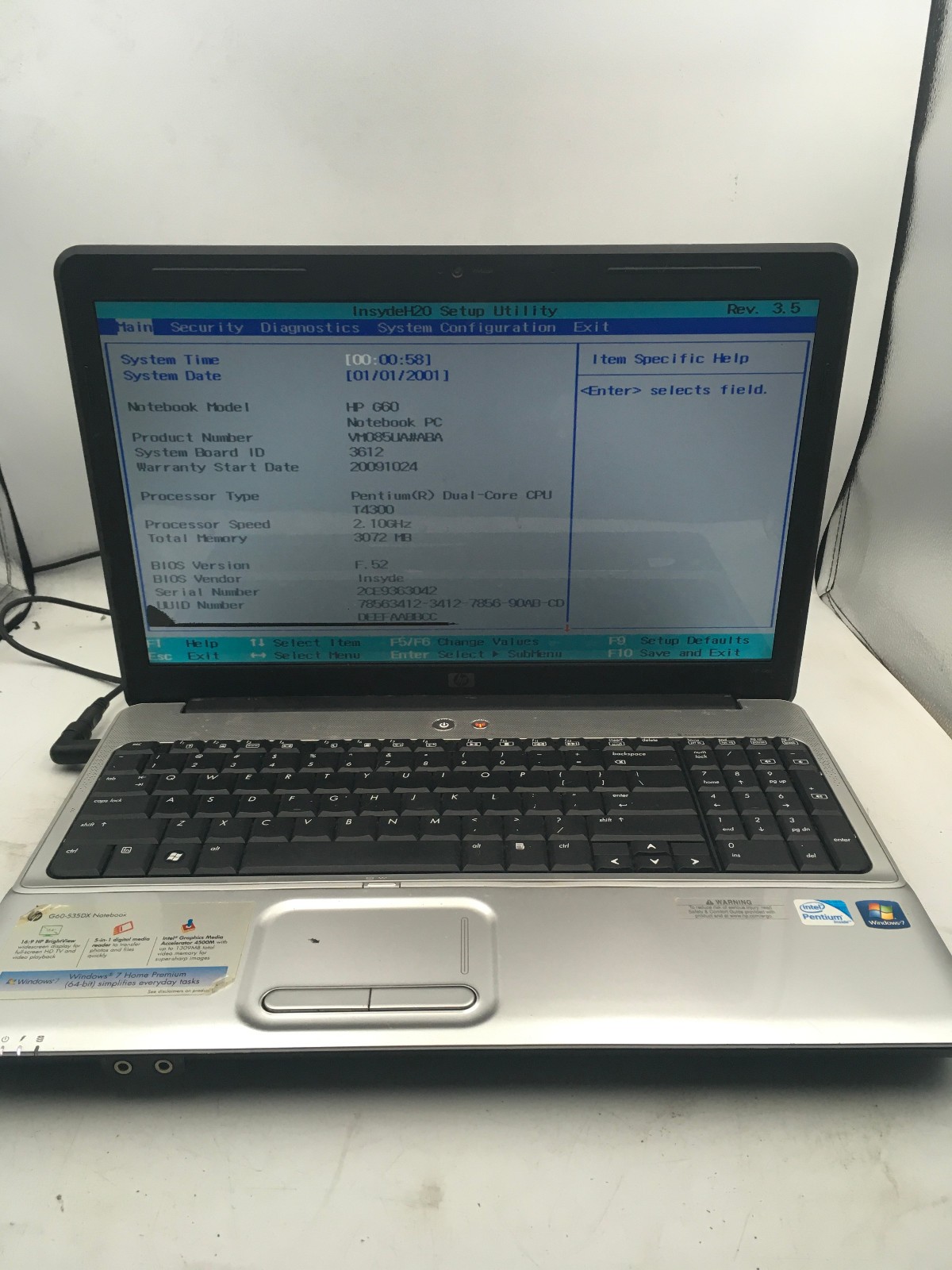 HP G60 NOTEBOOK - BOOTS TO BIOS - INTEL PENTIUM DUAL CORE - 3GB RAM - READ - BB gallery