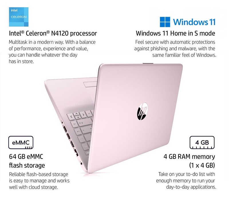 HP Stream 14" HD Intel N4120 4GB RAM 64GB Windows 11 Pink + 1Yr Warranty gallery