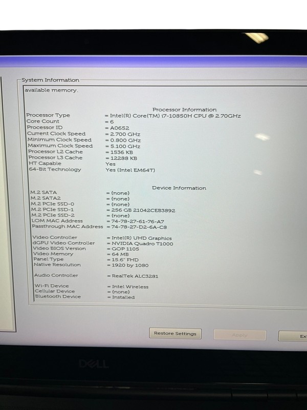 DELL PRECISION 7550 I7-10850H 2.7GHz 128GB RAM 256 SSD - GRADE D gallery