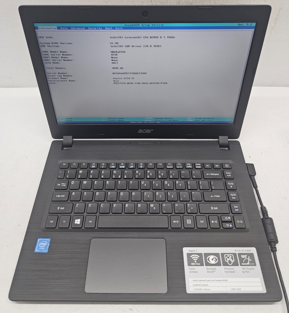 Acer Aspire 1 A114-31 Laptop Intel Celeron N3450 4GB Ram 32GB eMMC No OS (FL)