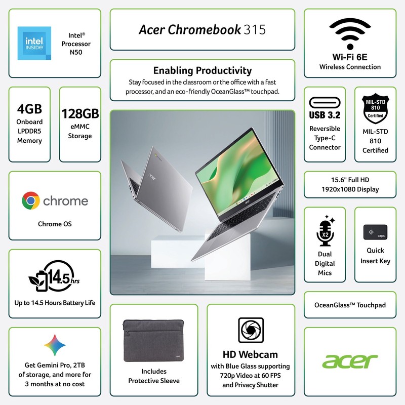 Acer Chromebook 315 15.6-inch FHD Laptop with Intel Processor N50, 4GB DDR5 RAM, gallery