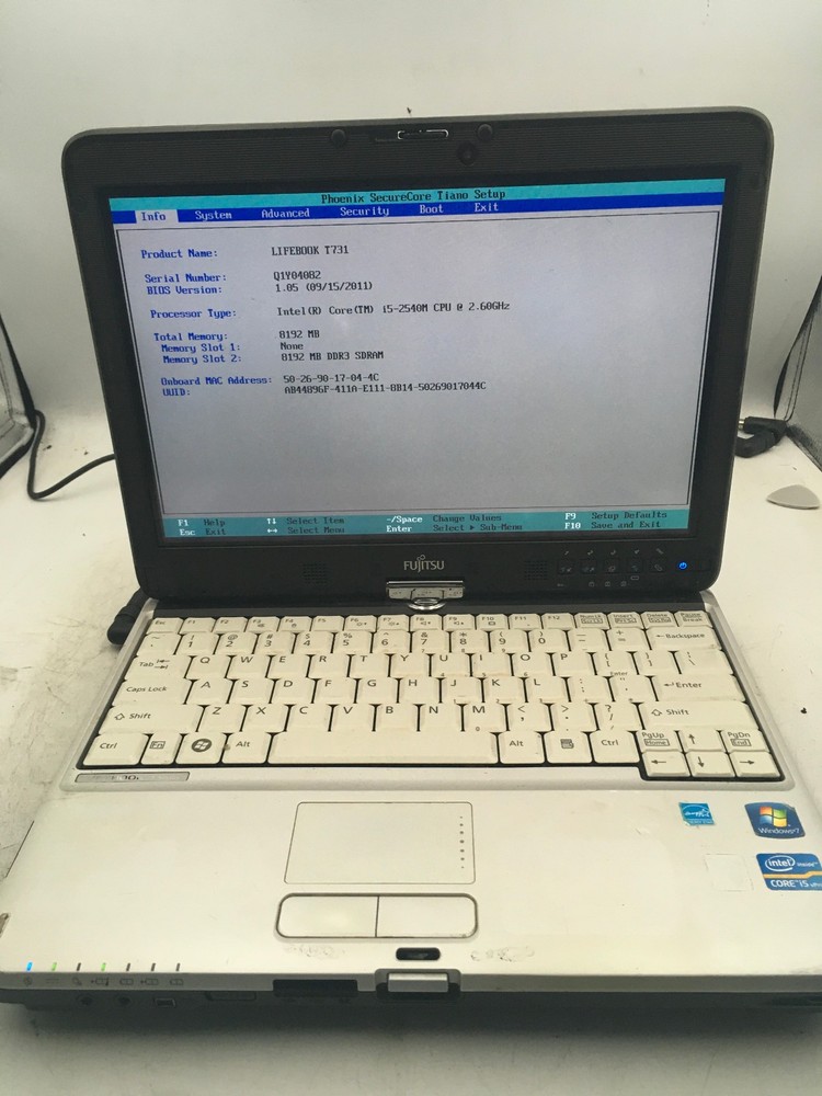 FUJITSU LIFEBOOK T731 - BOOTS TO BIOS - INTEL I5 2540M - 8GB RAM - READ DESC -BB