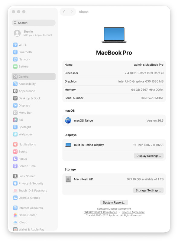 Apple MacBook Pro A2141 16" Radeon 5500M 2.4GHz Intel Core i9-9980HK 64GB 1TB gallery