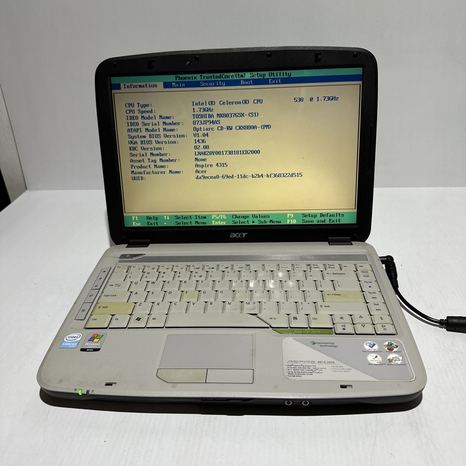 Acer Aspire 4315 14" Laptop Intel Celeron 530 1.5gb Ram 80gb HDD Boots Bios gallery