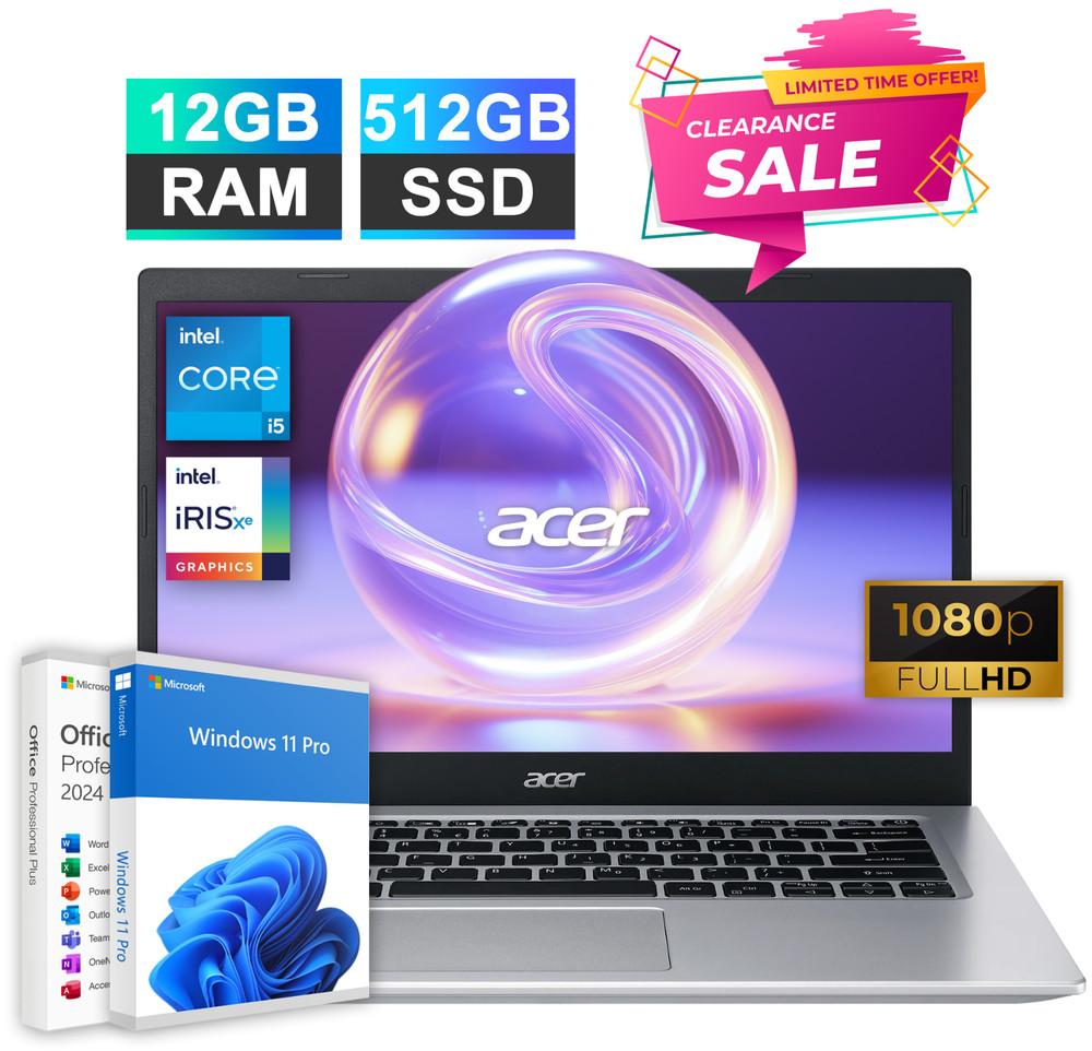 2025 Acer Aspire 5 14" Laptop Quad-Core Intel i5 12GB RAM 512GB SSD Office 2024