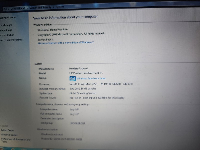 HP PAVILION DM4 4GB RAM 500GB HDD I5-m450@2.40ghz 4gb Ram WIN 7, NO BATTERY Read gallery