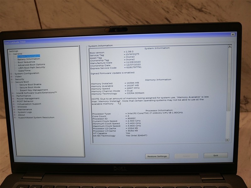 DELL 7410 14" LATITUDE Laptop i7-10610U 1.8ghz 16GB 1920 x 1080 w/ FAIR Battery! gallery