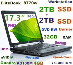 Workstation HP 8770w 17.3 i7-Quad FAST (2TB + 2TB) SSD 32GB Quadro K3100M 4GB