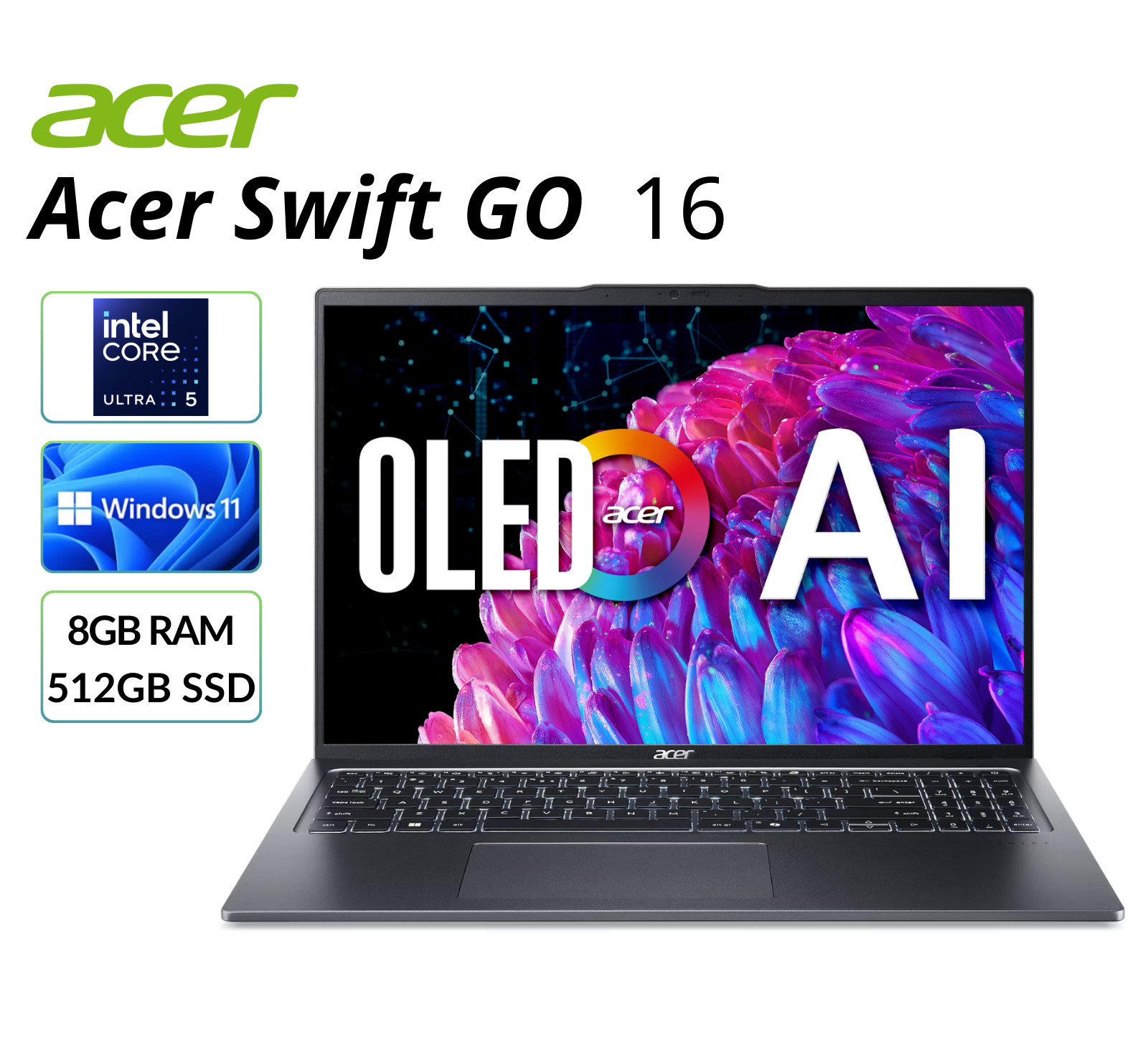 Acer Swift Go 16 Laptop 16" OLED Intel Core Ultra 5 125H 8GB RAM 512GB SSD gallery