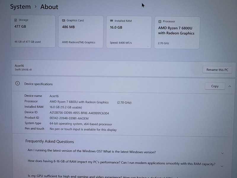 ACER SWIFT EDGE 16" OLED UHD SFA16-41 AMD RYZEN 7 6800U 512GB 16GB *BIOS LOCK* gallery