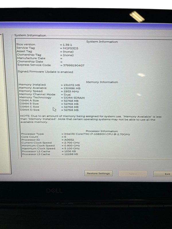 DELL PRECISION 7550 I7-10850H 2.7GHz 128GB RAM 256 SSD - GRADE D gallery