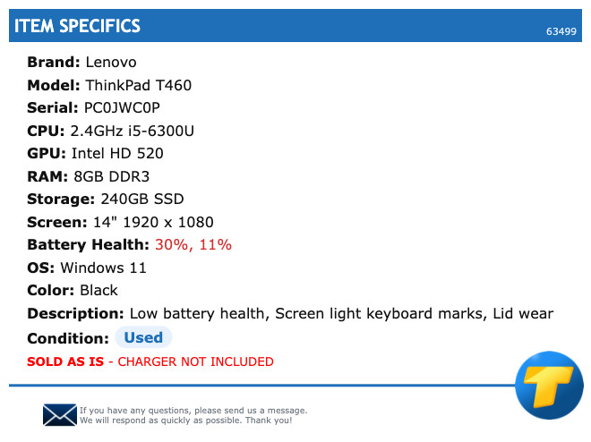 Lenovo ThinkPad T460 - 14" FHD, 2.4GHz i5, 8GB RAM, 240GB SSD, Windows 11 gallery
