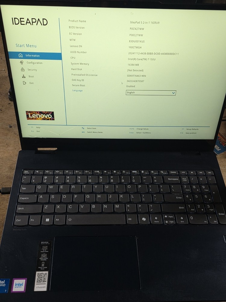 Lenovo IdeaPad Slim 5 16IRU9 2n1 16" Touch , Intel Core 7 150u 16 gb Hinge