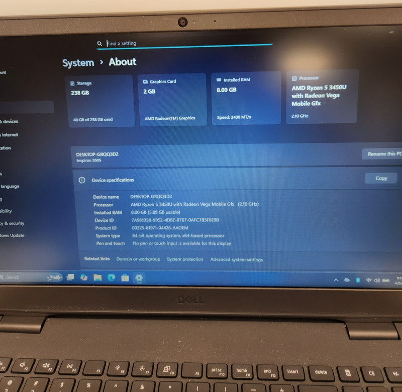 Dell Inspiron 3505 AMD Ryzen 5 3450U, 8GB RAM, 256GB NVME, Win11 #0444 gallery