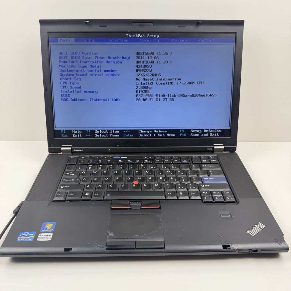 Lenovo ThinkPad T520 Intel i7-2640M 8GB No HDD No OS No Battery/Charger|ELP104