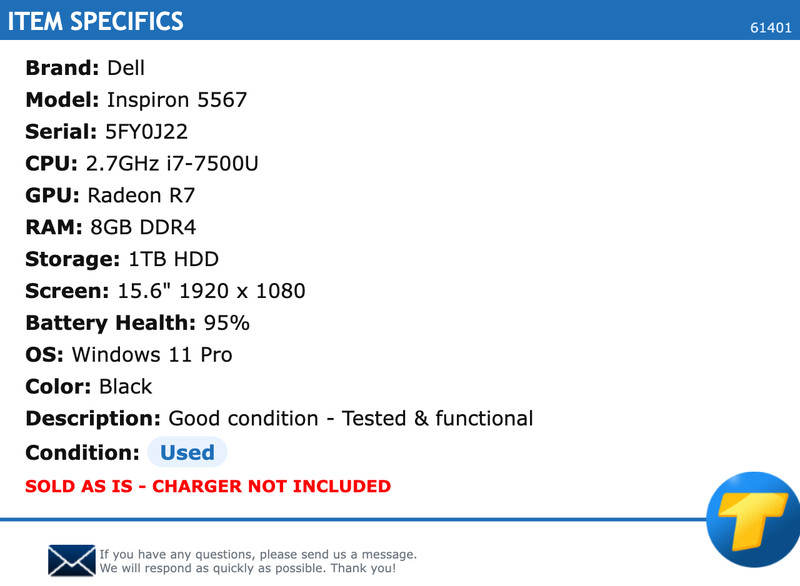 Dell Inspiron 5567 - 15.6" FHD, 2.7GHz i7, 8GB RAM, 1TB HDD, Windows 11 Pro gallery