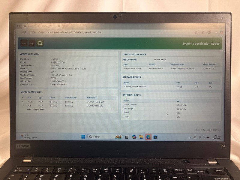 Lenovo ThinkPad T14 Gen 1 Intel Core i5-10310U 20 GB 256GB SSD 14" gallery