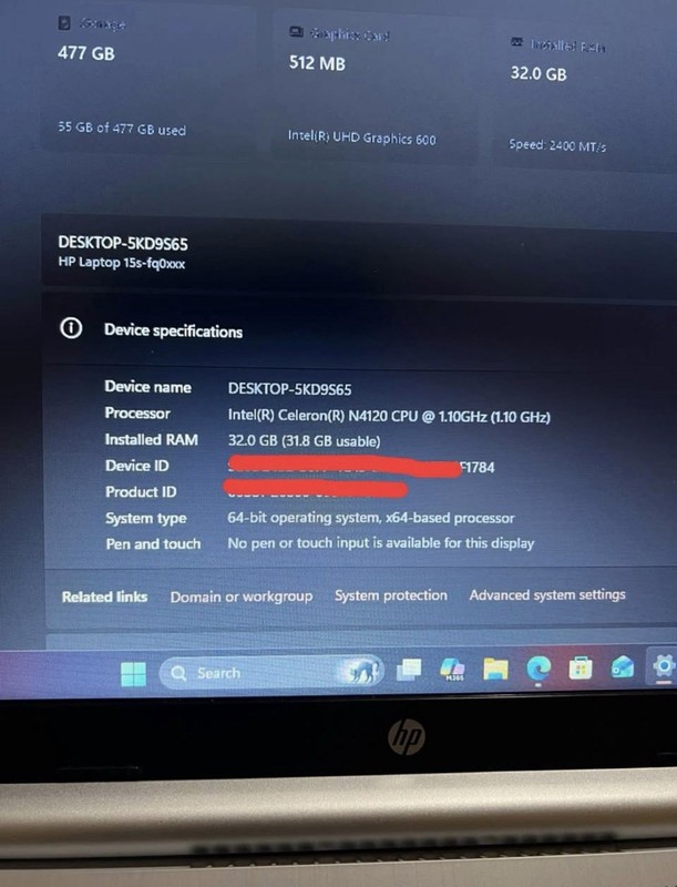 HP 15s-fq0xxx 15.6" Intel Celeron N4120 32GB RAM 477GB SSD Win11 Silver gallery