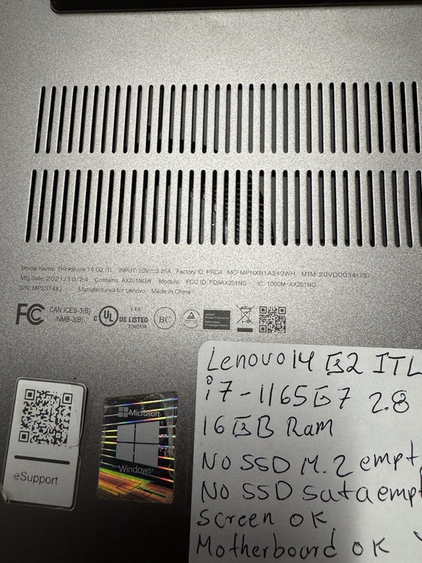 Lenovo ThinkBook 14 G2 ITL i7-1165G7 16GB RAM No SSD Broken Hinge Parts gallery
