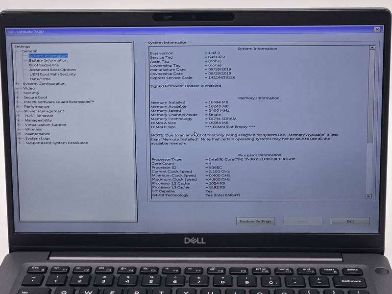 Dell Latitude 7400 14" FHD I7-8665U 256GB 16GB W11P Webcam Backlit FPR IRCam gallery